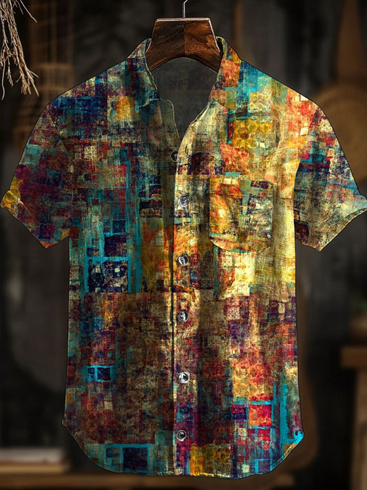Camisa de manga corta con estampado de arte abstracto retro para hombre