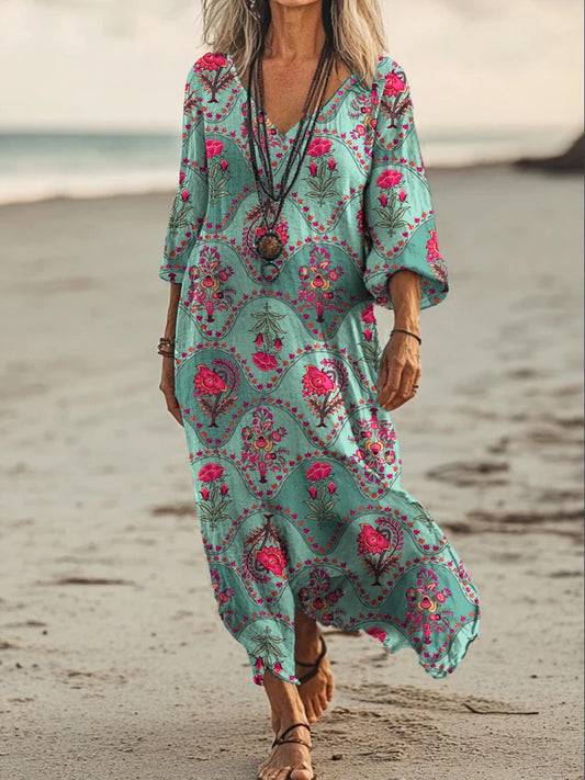 Vintage V-cuello bohemio estampado floral elegante vestido suelto Midi