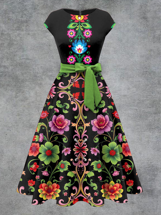Vestido midi con cinturón de arco de impresión floral vintage para mujer