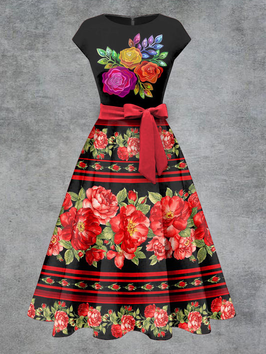 Vestido midi con cinturón de arco de impresión floral vintage para mujer