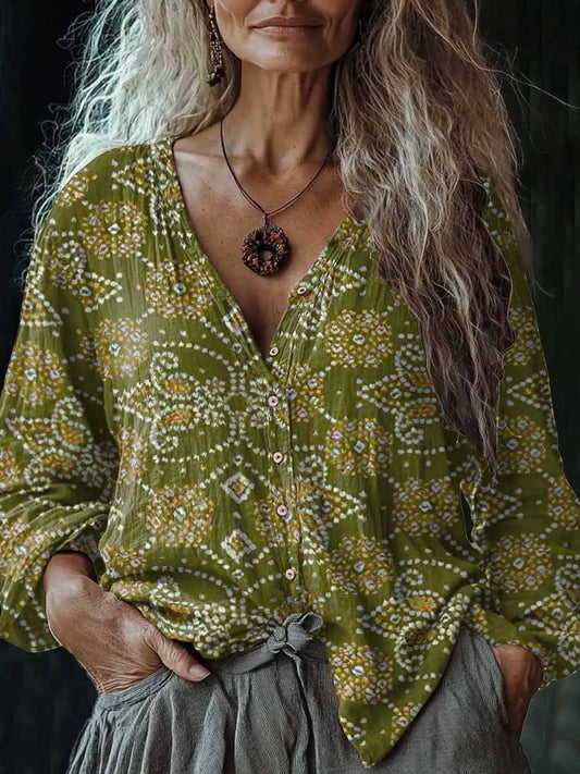 Camisa casual de algodón y lino con cuello en V estampado de arte floral vintage para mujer
