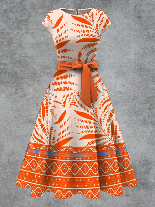 Vestido midi con cinturón de arco de impresión floral vintage para mujer