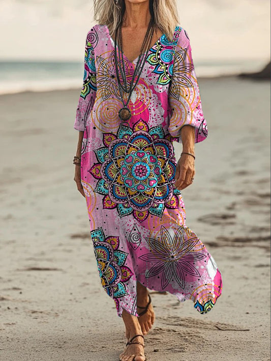 Vintage V-cuello bohemio estampado floral elegante vestido suelto Midi