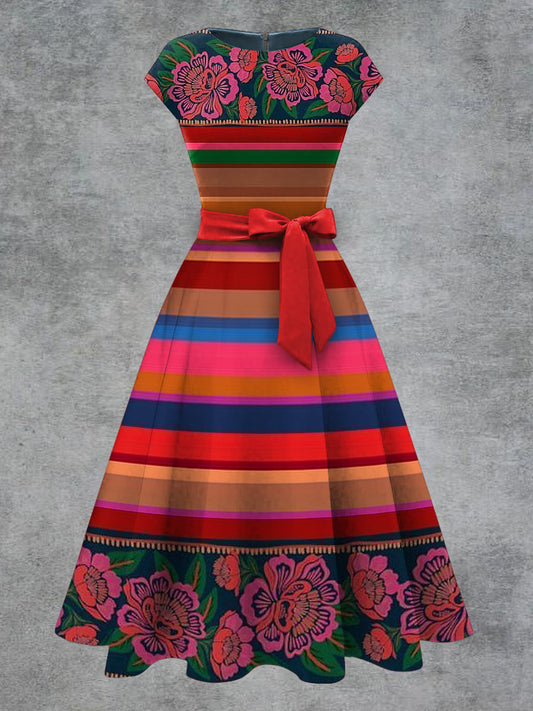 Vestido midi con cinturón de arco de impresión floral vintage para mujer