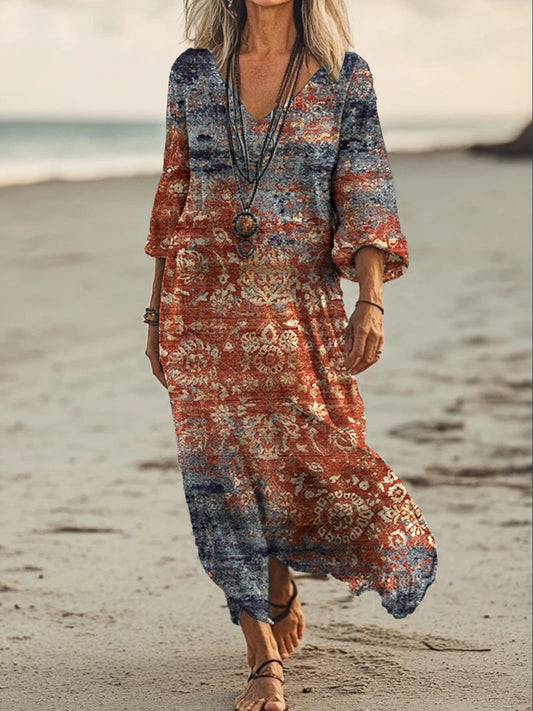Vintage V-cuello bohemio estampado floral elegante vestido suelto Midi