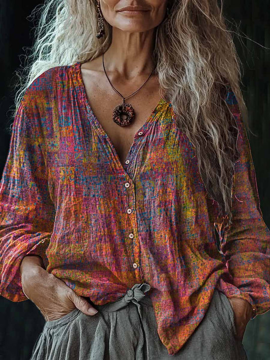 Camisa de algodón y lino casual con cuello en V y estampado Boho vintage para mujer