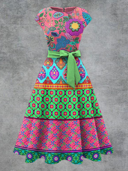 Vestido midi con cinturón de arco de impresión floral vintage para mujer