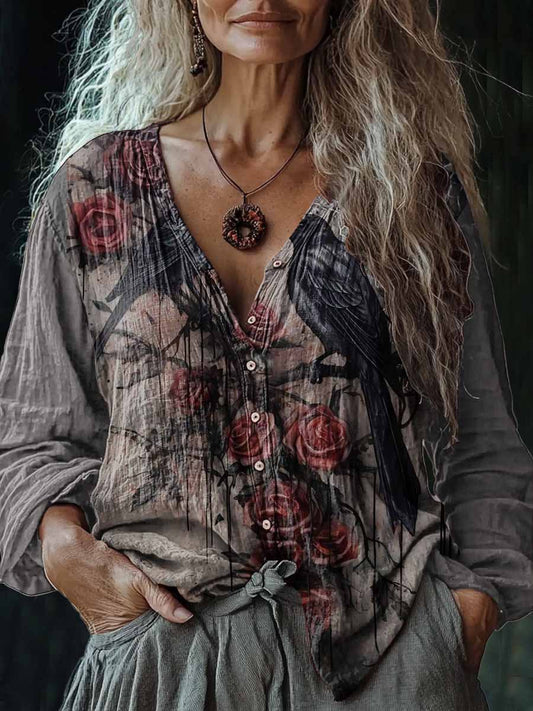 Vintage Boho Crow Art Print V-cuello Casual algodón y lino camisa de las mujeres