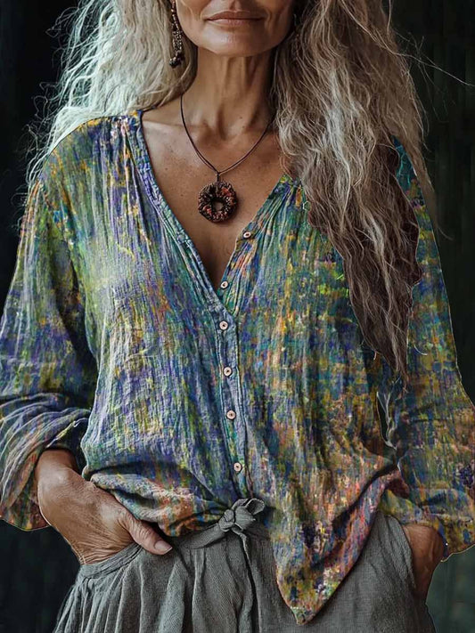 Camisa de algodón y lino casual con cuello en V y estampado de arte vintage para mujer