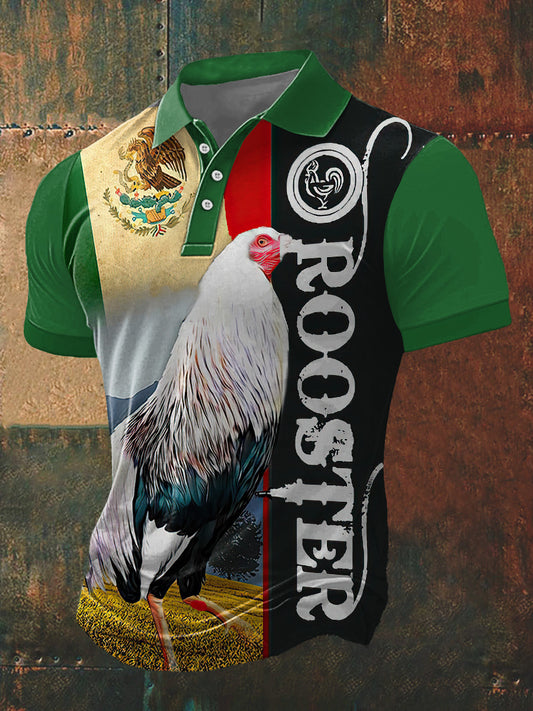 Camiseta de manga corta con cuello polo estampado gallo mexicano para hombre