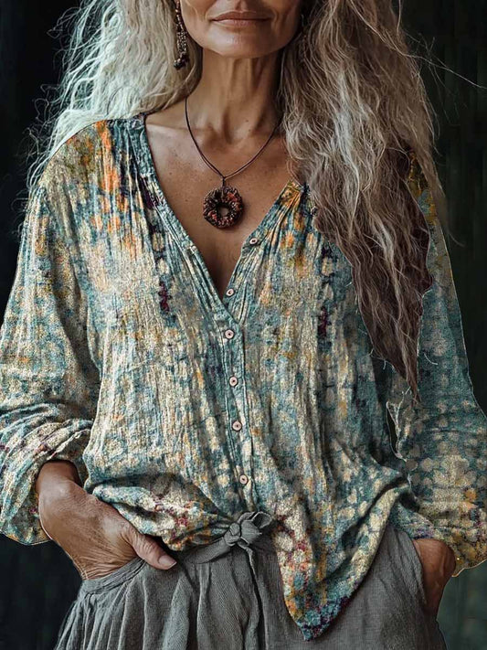 Camisa casual de algodón y lino con cuello en V para mujer Vintage Hippie Art Print
