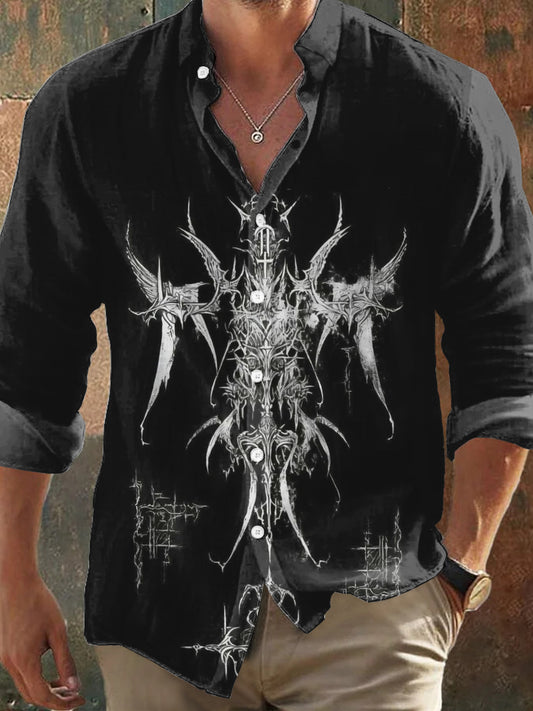 Camisa de manga larga con estampado cruzado abstracto oscuro retro para hombre