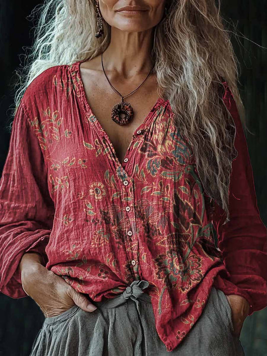 Camisa casual de algodón y lino con cuello en V estampado de arte floral vintage para mujer