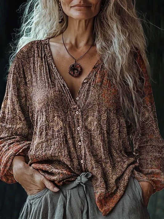 Camisa casual de algodón y lino con cuello en V estampado de arte floral vintage para mujer