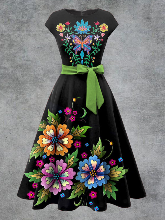 Vestido midi con cinturón de arco de impresión floral vintage para mujer