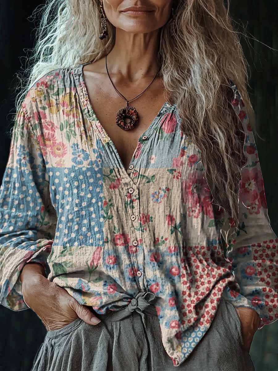 Camisa casual de algodón y lino con cuello en V de estampado floral vintage de mujer