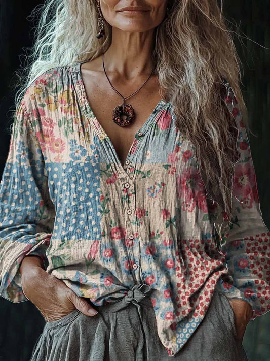 Camisa casual de algodón y lino con cuello en V de estampado floral vintage de mujer