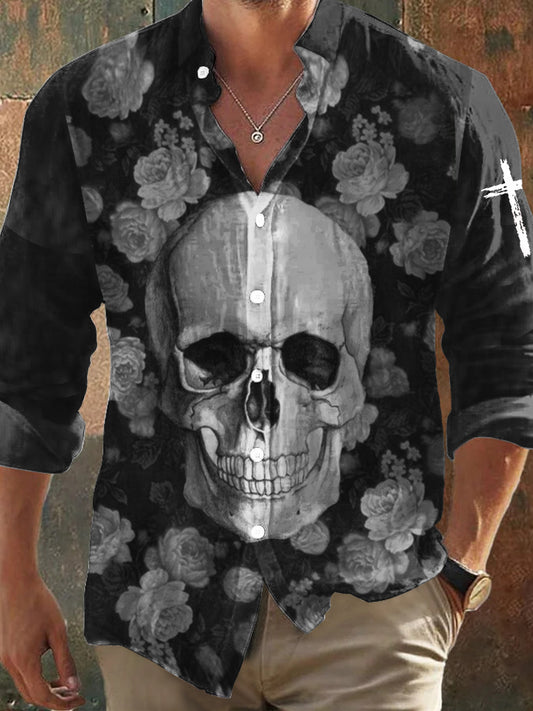 Camisa de manga larga con estampado rosa de cráneo de estilo oscuro retro para hombre