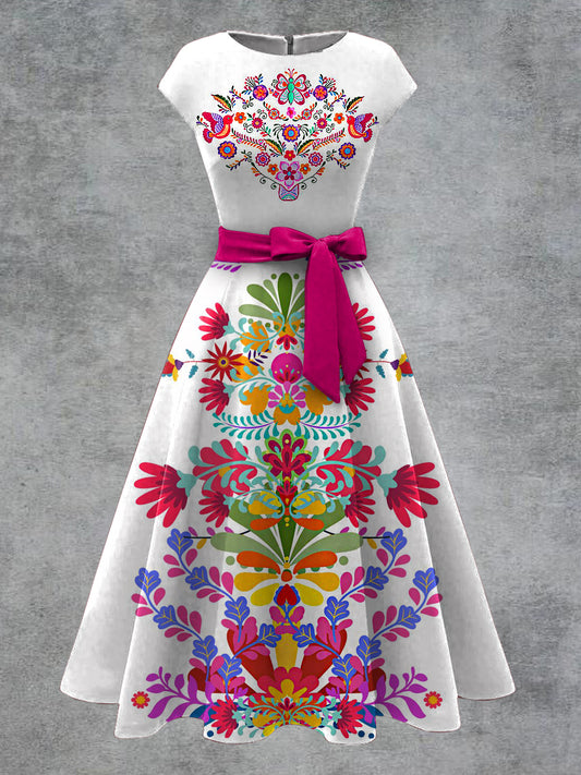 Vestido midi con cinturón de arco de impresión floral vintage para mujer