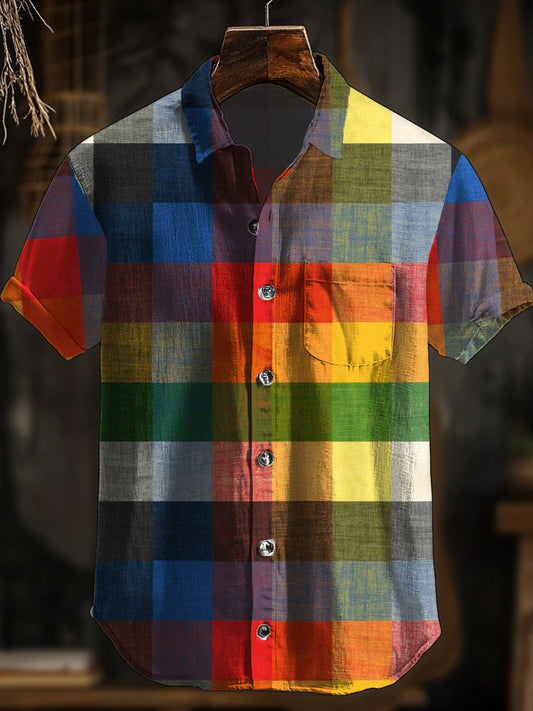 Camisa de manga corta con estampado de arte abstracto retro para hombre
