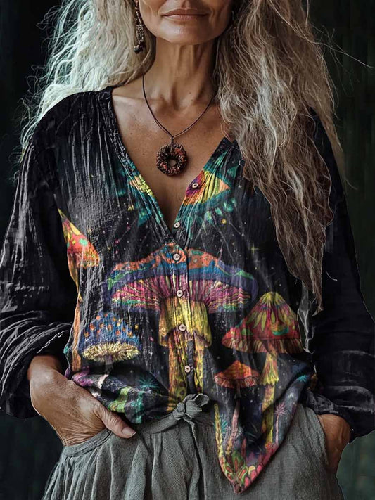 Vintage Mushroom Art Print V-cuello Casual algodón y camisa de lino de las mujeres