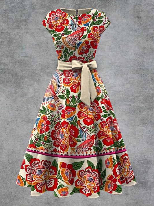 Vestido midi con cinturón de arco de impresión floral vintage para mujer