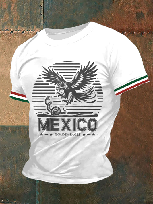 Top de manga corta casual con estampado de bandera mexicana verde para hombre