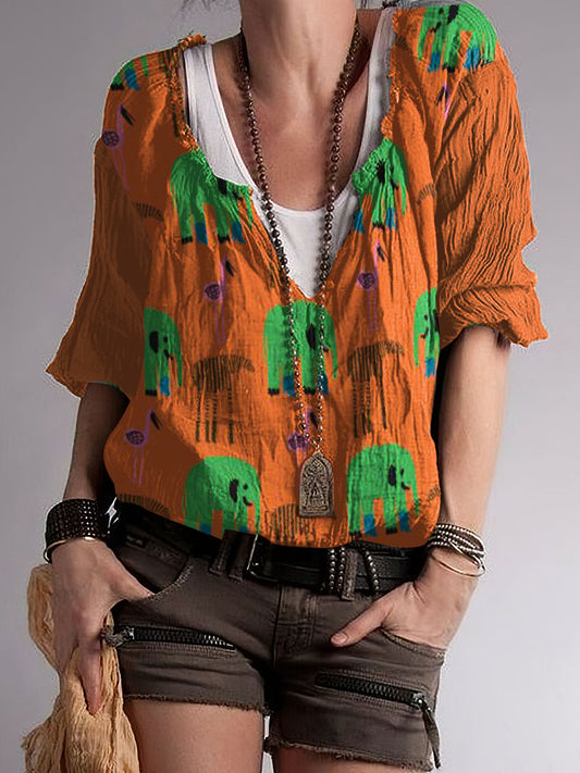 Top con cuello en V de mezcla de algodón con estampado de contraste de color hippie para mujer