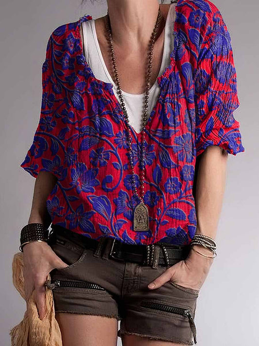 Top con cuello en V de mezcla de algodón estampado floral abstracto hippie de mujer