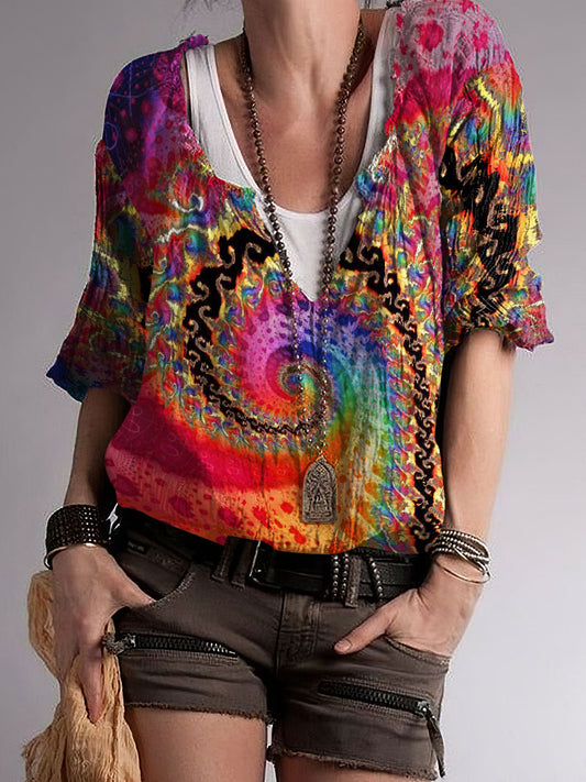 Top con cuello en V de mezcla de algodón con estampado de color hippie para mujer