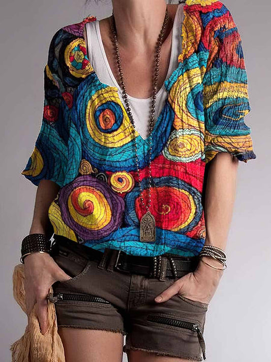 Top con cuello en V de mezcla de algodón estampado Hippie Colorul para mujer