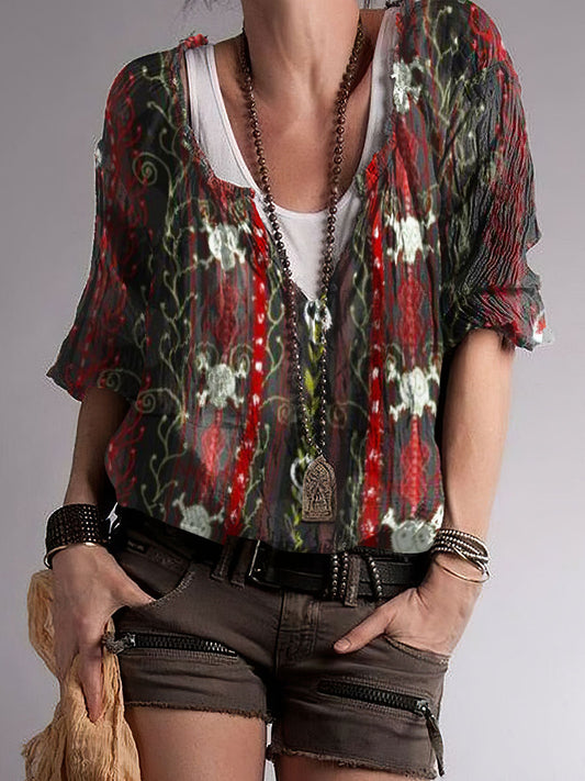 Top con cuello en V de mezcla de algodón con estampado de contraste de color hippie para mujer