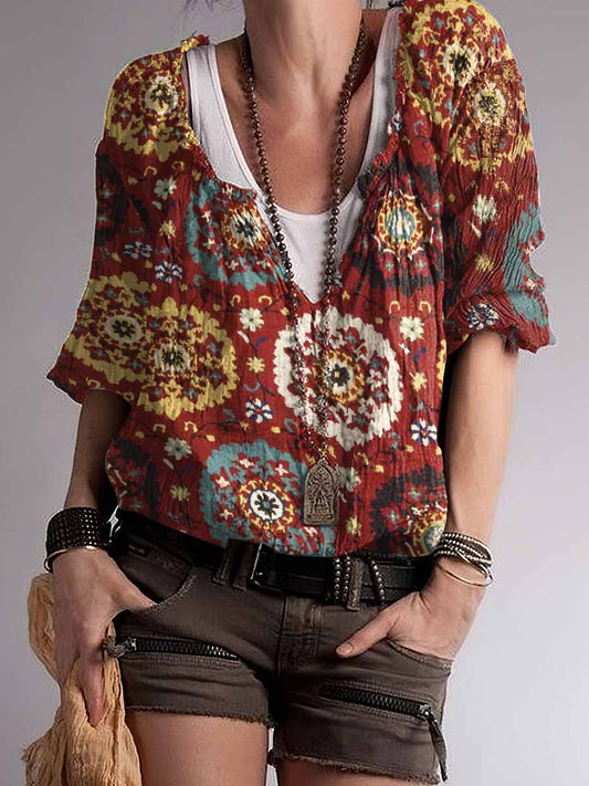 Top con cuello en V de mezcla de algodón con estampado floral color hippie para mujer