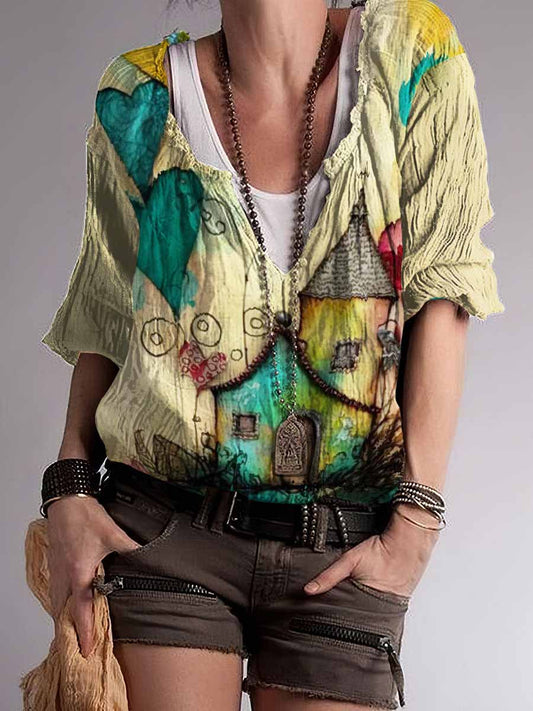 Top con cuello en V y mezcla de algodón estampado mundial de cuento de hadas estilo Boho para mujer