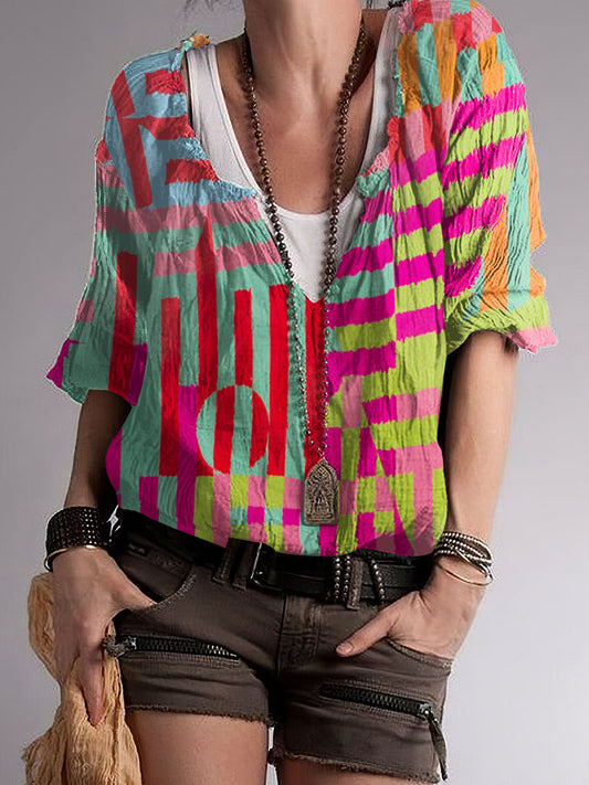 Top con cuello en V y mezcla de algodón con estampado de rayas de color hippie para mujer