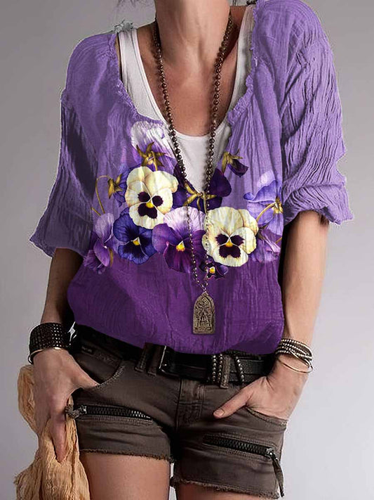 Top con cuello en V de mezcla de algodón con estampado de arte floral Hippie de mujer