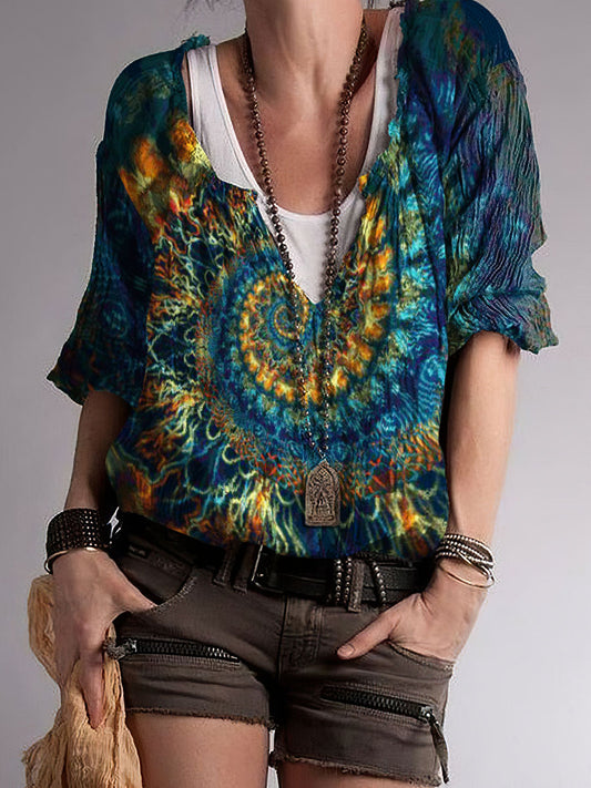 Mujer Boho Color Abstracto Imprimir Mezcla de Algodón Cuello en V Top