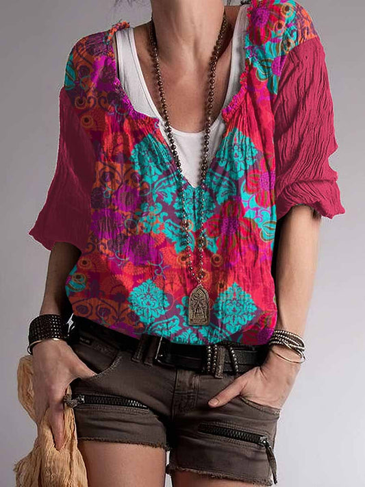 Top con cuello en V de mezcla de algodón con estampado floral clásico Hippie de mujer