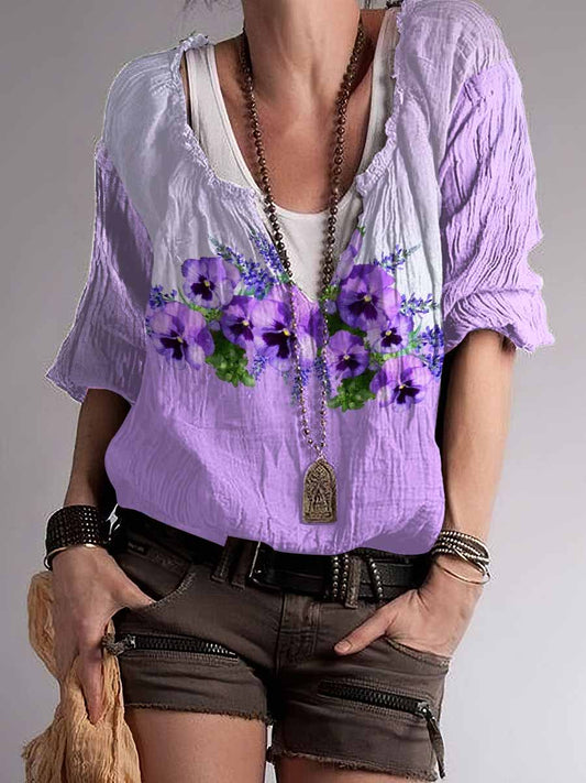 Mujer Boho Purple Lila Art Print Mezcla de algodón con cuello en V Top