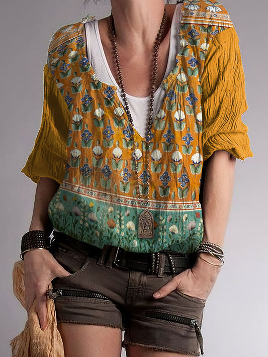 Top con cuello en V de mezcla de algodón estampado Hippie Pattern para mujer