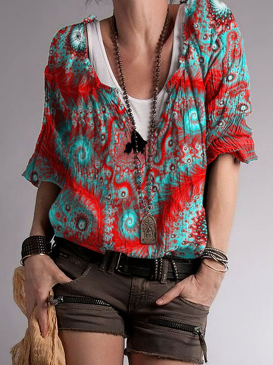 Top con cuello en V de mezcla de algodón estampado abstracto estilo Boho para mujer