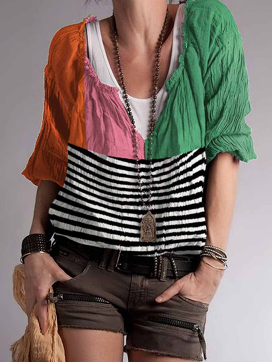 Top con cuello en V de mezcla de algodón con estampado de contraste de color hippie para mujer