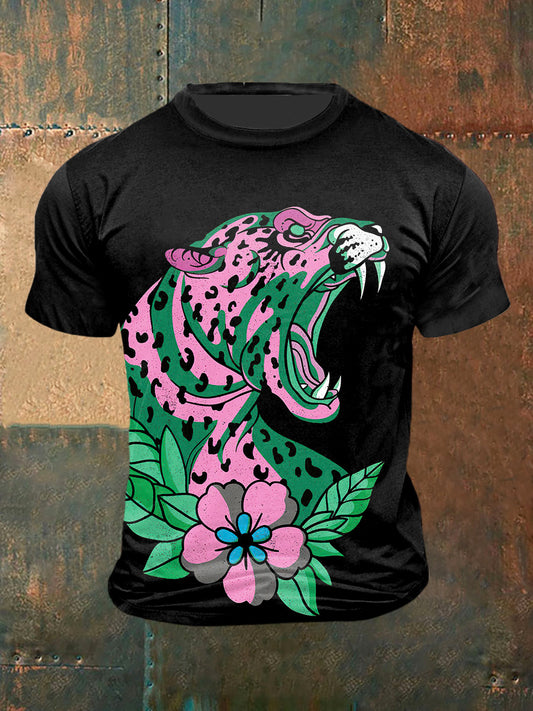 Camiseta de manga corta de moda vintage con estampado de jaguar mexicano para hombre