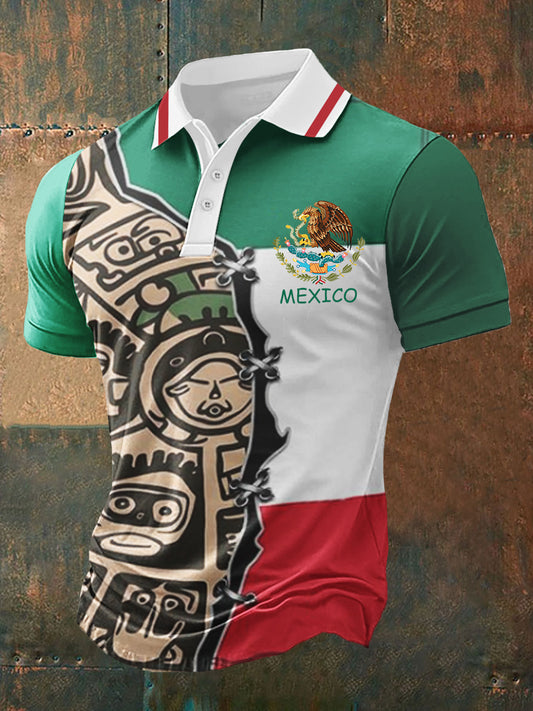 Camisa casual deportiva POLO de manga corta con diseño de cultura mexicana para hombre