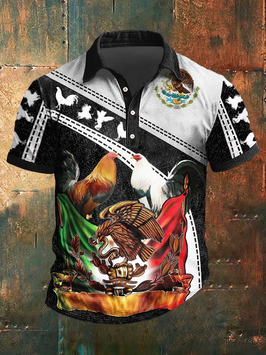 Camiseta de manga corta con cuello de polo con estampado de pelea de gallos mexicana para hombre