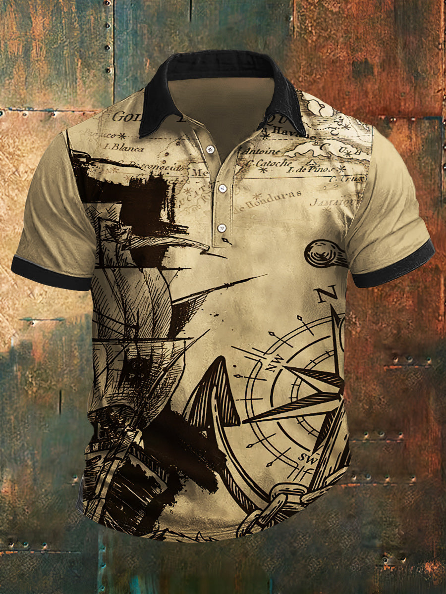 Camiseta de manga corta con cuello de polo estampado del Golfo de México para hombre