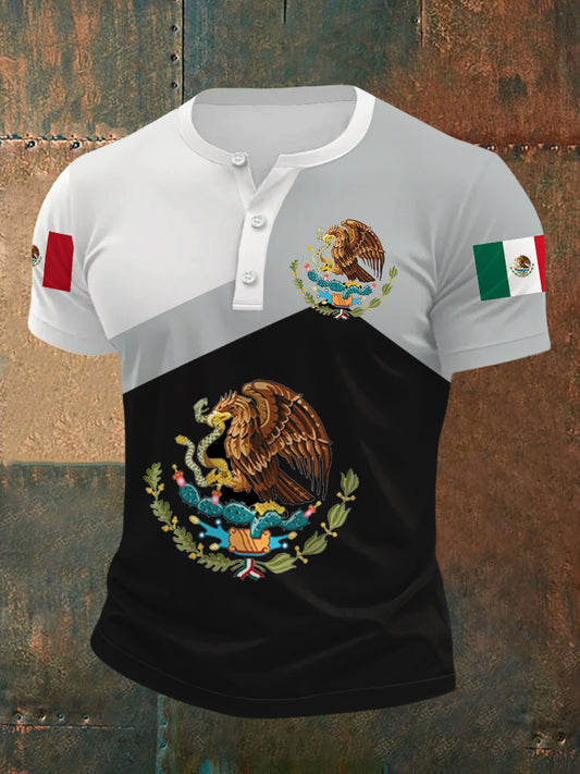 Bandera de México de los hombres de impresión Casual Henry Collar Tee
