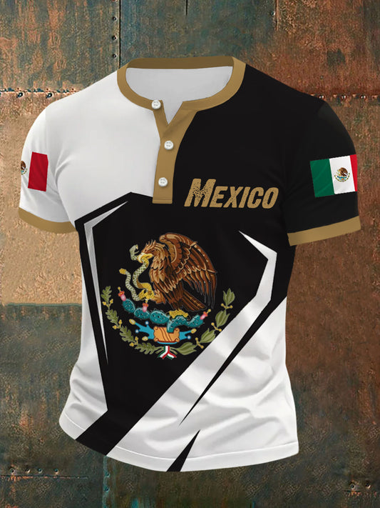 Bandera de México de los hombres de impresión Casual Henry Collar Tee