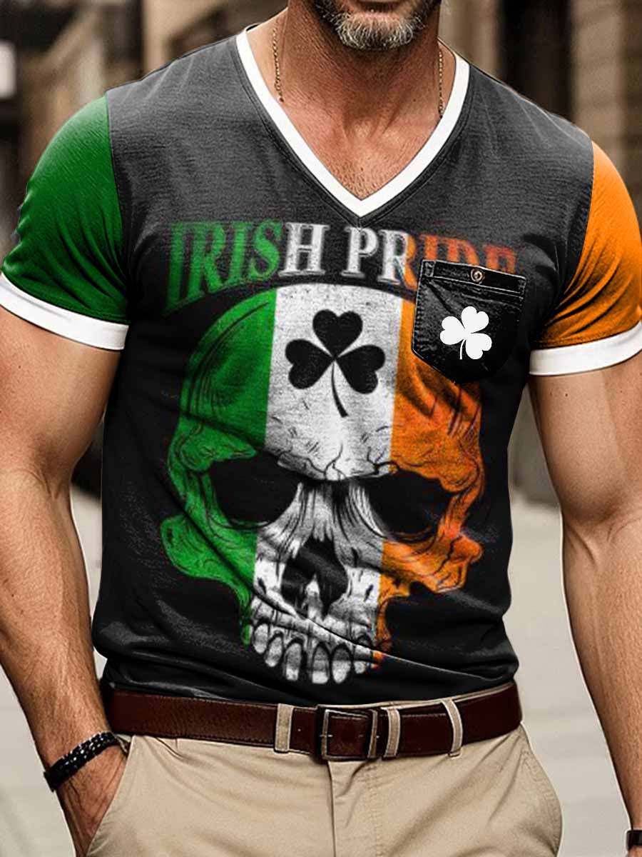 Irish Skull Print Camiseta de manga corta con cuello en V para hombre
