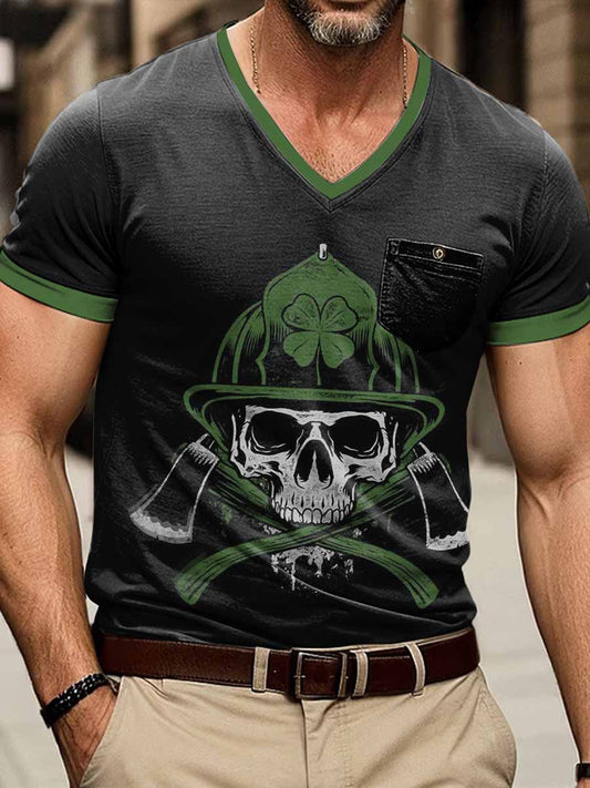 Camiseta de manga corta con cuello en V para hombre Miner Skull Print